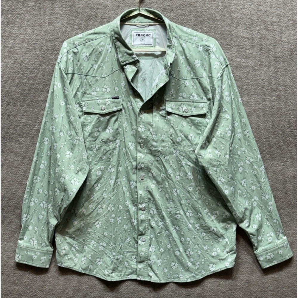 Poncho Western Shirt The Wild Bill Mens XL Green Floral Pearl Snap Long Sleeve